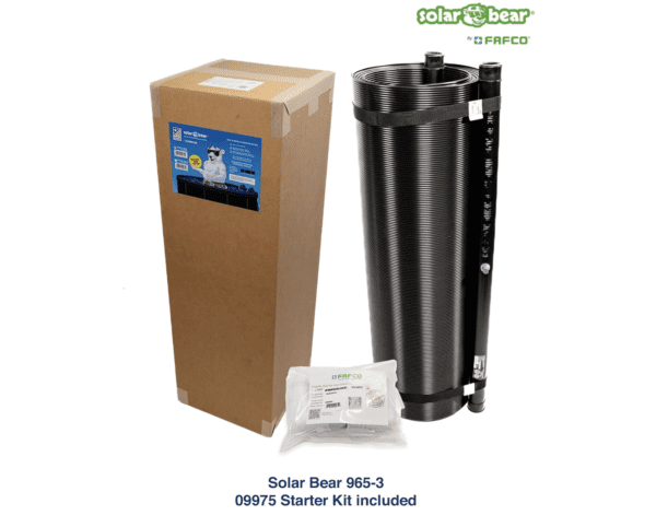 A box with a FAFCO Original Solar Bear - Solar Pool Heater for Above-Ground Pools, Universal, with Starter Kit and a box.